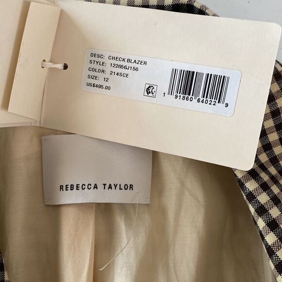Rebecca Taylor Plaid Check Double-Breasted Blazer Linen Blend Lined in Expresso - Picture 8 of 16
